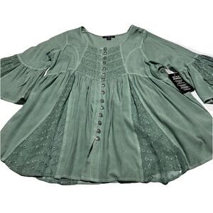 Roaman’s Women’s Blouse Size 12W Babydoll Button Top Sage Green Embroidered NWT